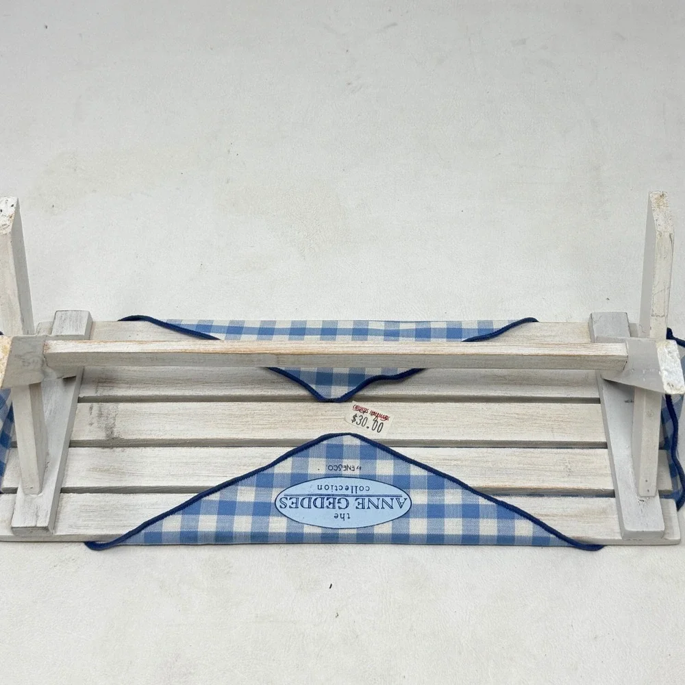 Anne Geddes Enesco Miniature Picnic Table Bench Set White Wood Gingham Prop